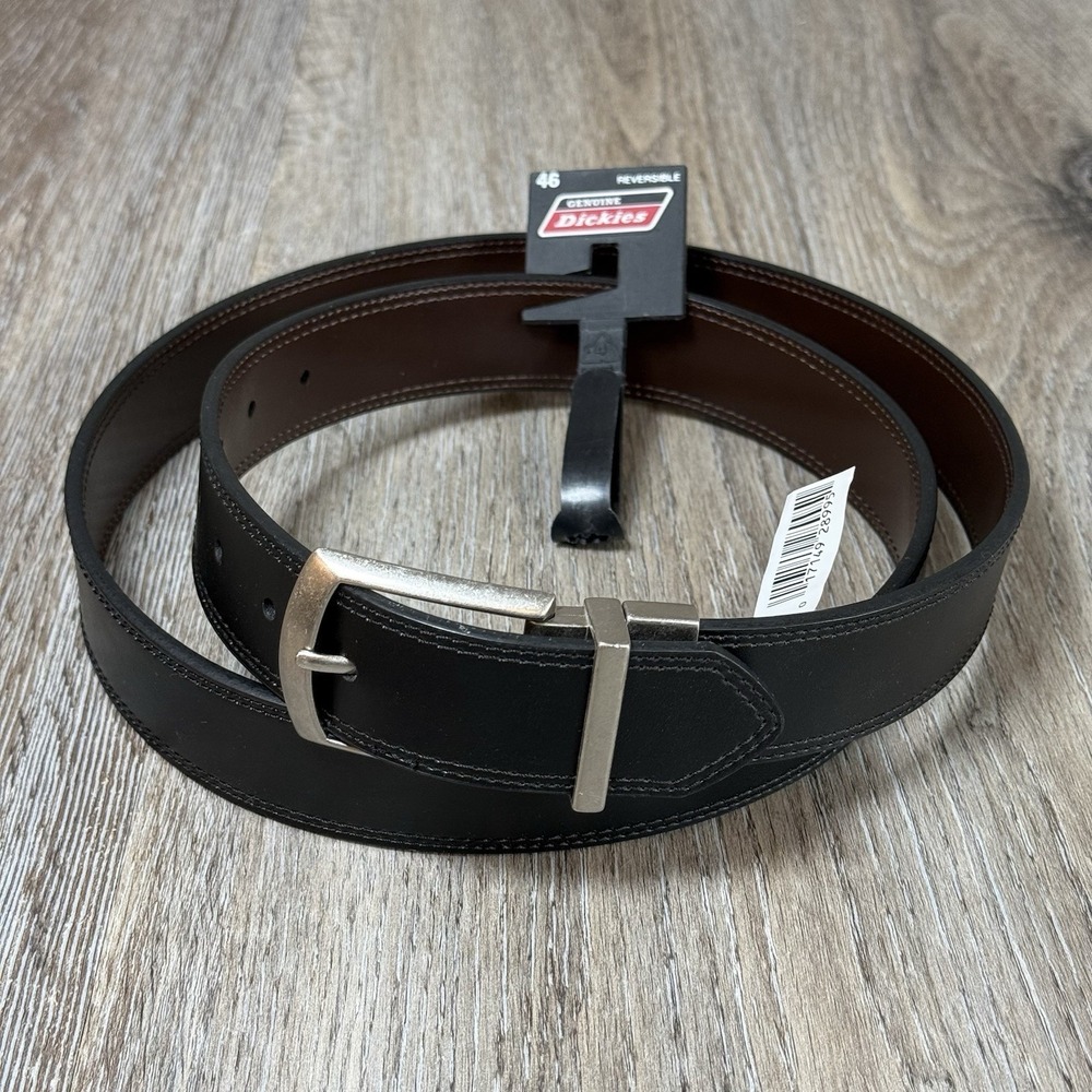 Dickies Genuine Leather Reversible Belt Mens 46 Black Brown Silver Buckle NEW